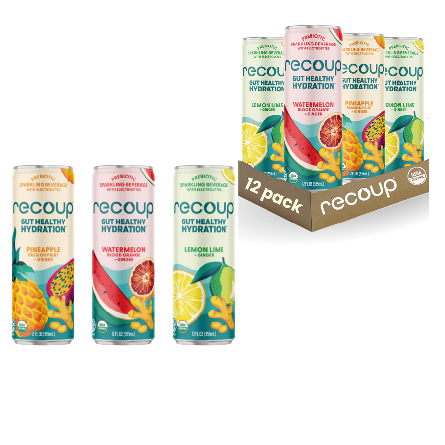 Recoup Organic Prebiotic Sparkling Beverage with electrolytes and ginger Variety 12 pack